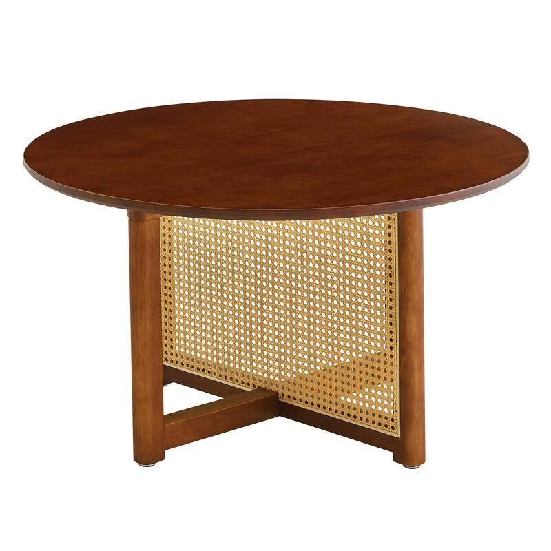 Mid-century wooden coffee table with PE cane stand, 31.5-inch round solid wood Bohemian style coffee table, unique centr