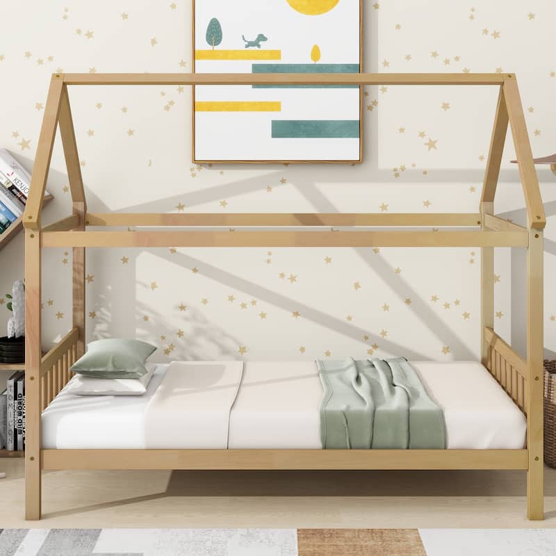 Twin Size House Bed with Headboard and Footboard, Underbed Storage - Rubberwood House-shaped Bed Frame for Children's Room