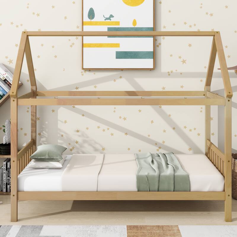 Twin Size Platform Bed with House-Shaped Design, Spacious Underbed Storage, Quality Rubber Wood Frame