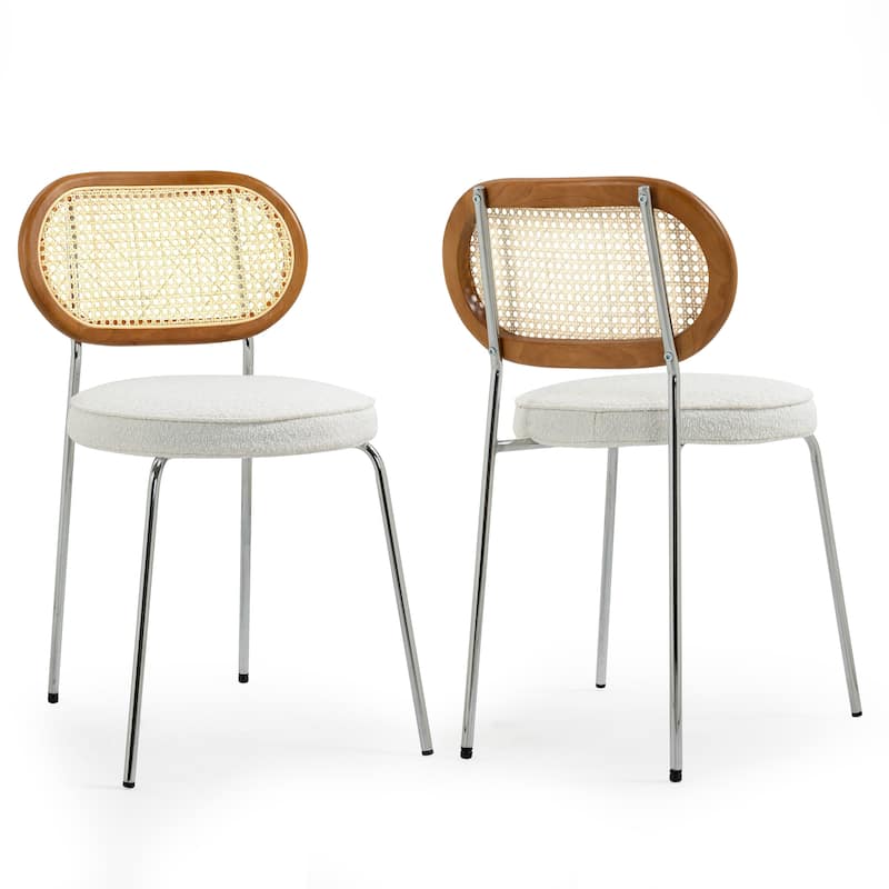Set of 2 Azem White Boucle Dining Chair with Rattan Backrest and Chrome Legs