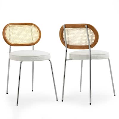 Set of 2 Azem White Boucle Dining Chair with Rattan Backrest and Chrome Legs