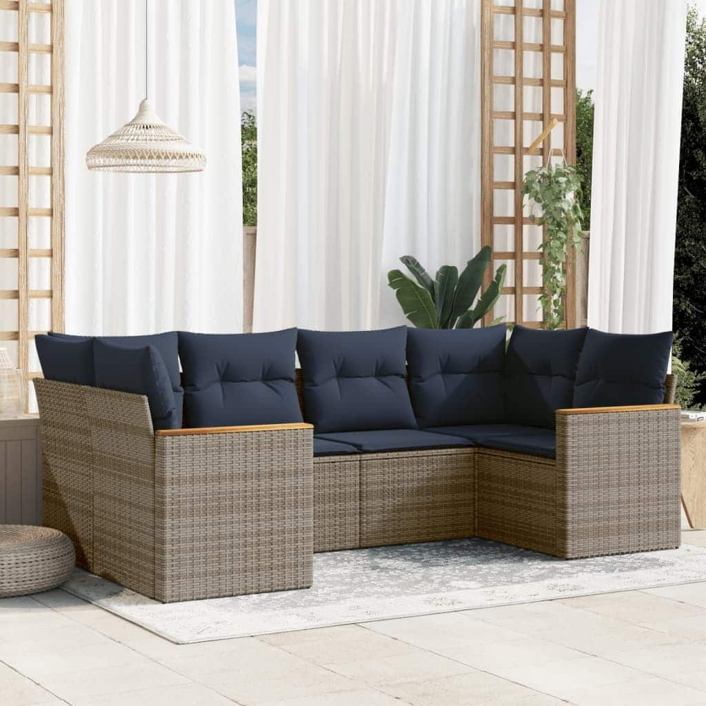 vidaXL 6 Piece Patio Sofa Set with Cushions Grey Poly Rattan - 24.4x 24.4x 27.2