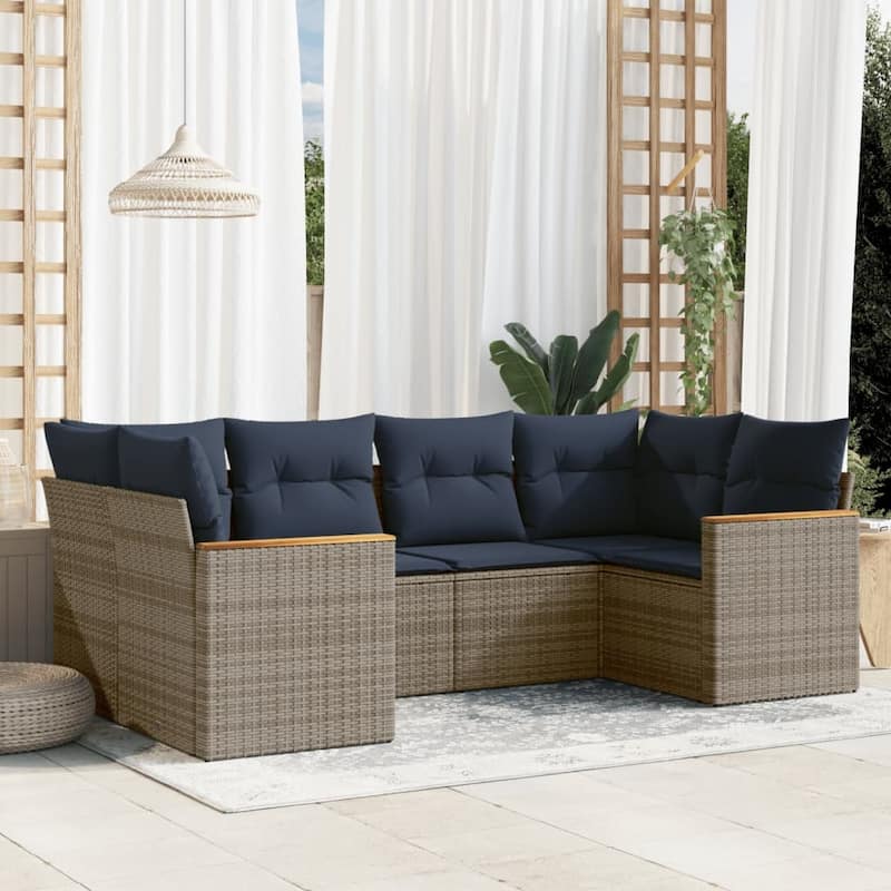 vidaXL 6 Piece Patio Sofa Set with Cushions Grey Poly Rattan - 24.4x 24.4x 27.2