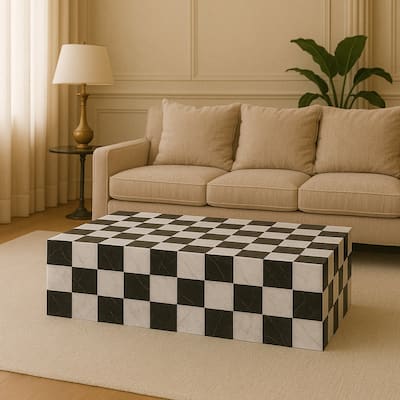 Genuine Marble Block Coffee Table - Black / Carrara Checkered Marble