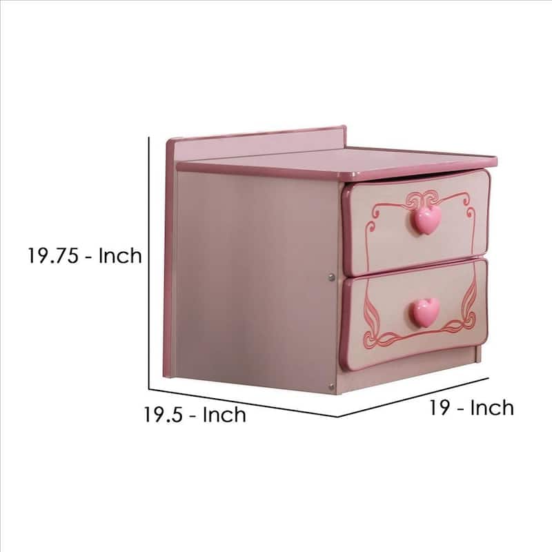 2 Drawer Wooden Nightstand with Heart Knob Pulls, Pink