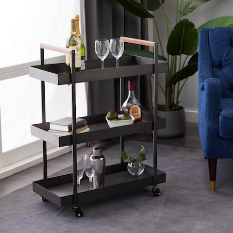Black Iron Metal Contemporary Industrial Bar Storage Cart with Casters - 26 x 24 x 34