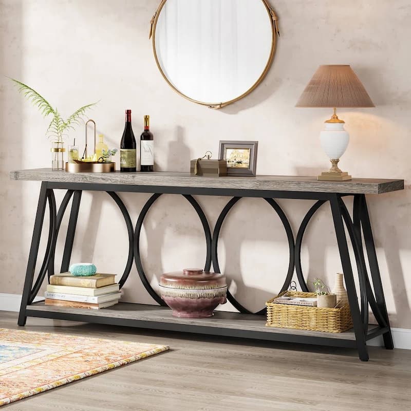 Wood Top Particleboard Steel Console Table with Shelf - 70.87” L x 31.50” H x 11.81” D