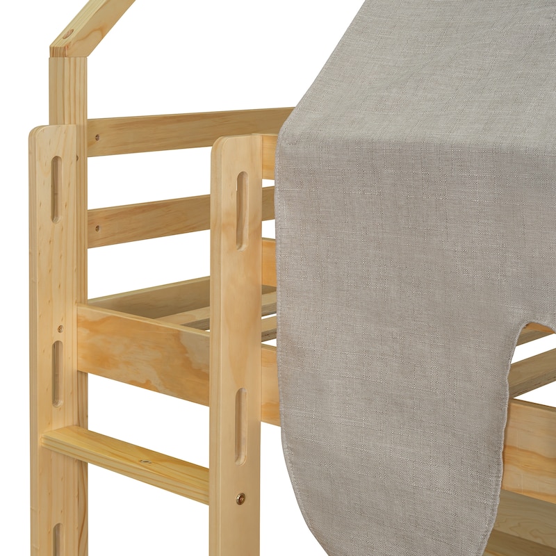 Twin Wooden Loft Bed with House Frame Slide Ladder and Storage Shelves