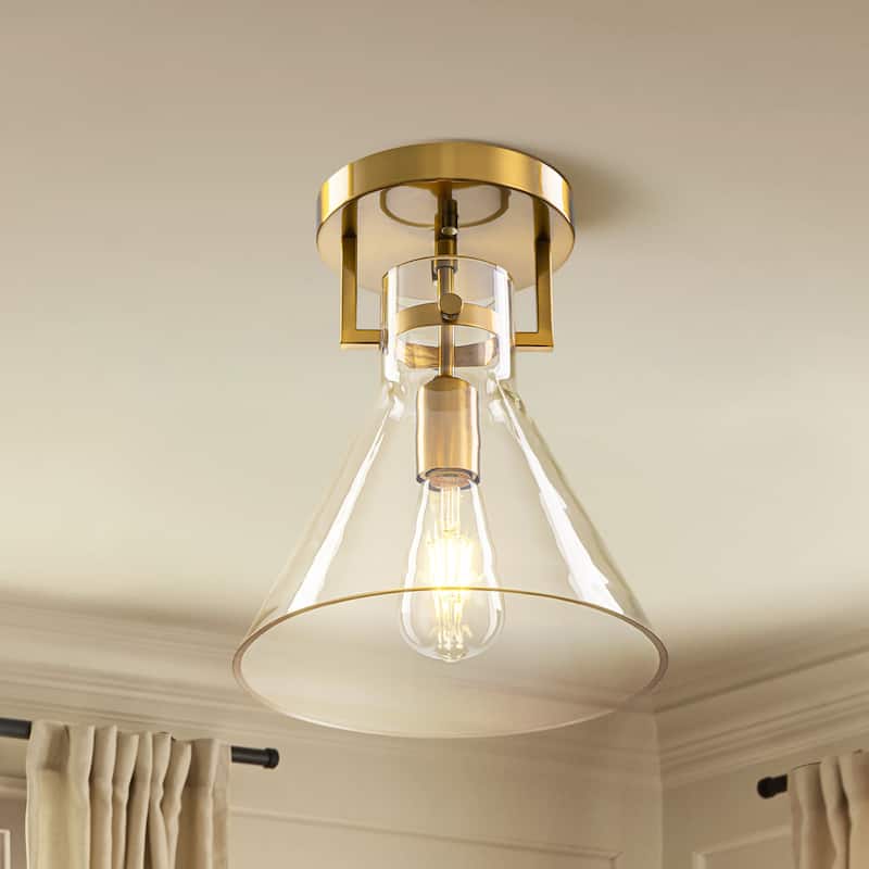9.8" 1-Light Mid-Century Modern Brushed Brass Semi-Flush Mount Ceiling Light with Clear Cone Glass Shade for Hallway or Bedroom