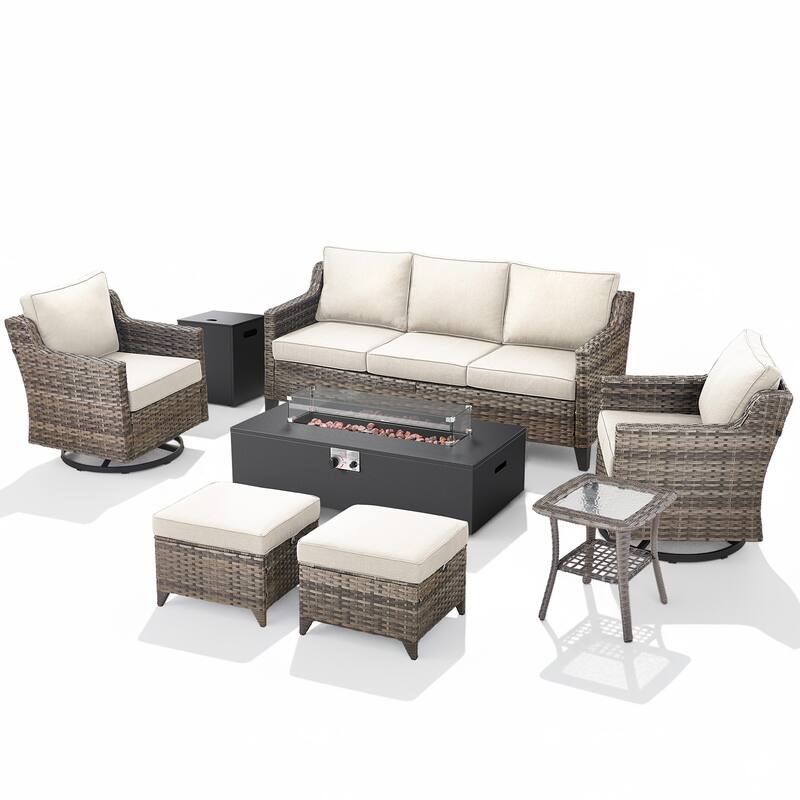 Glissia 7-Piece Gray Wicker Fire Pit Conversation Set with Modern Steel Fire Pit