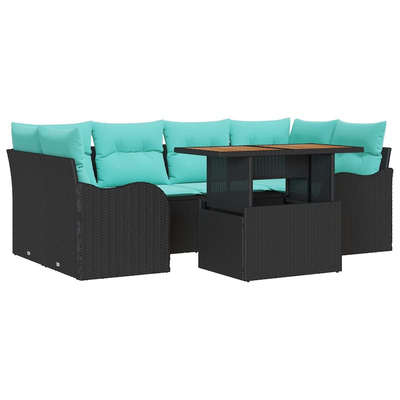 vidaXL 7 Piece Garden Sofa Set with Cushions Black Poly Rattan Acacia - 92.1 x 48.2 x 27.2
