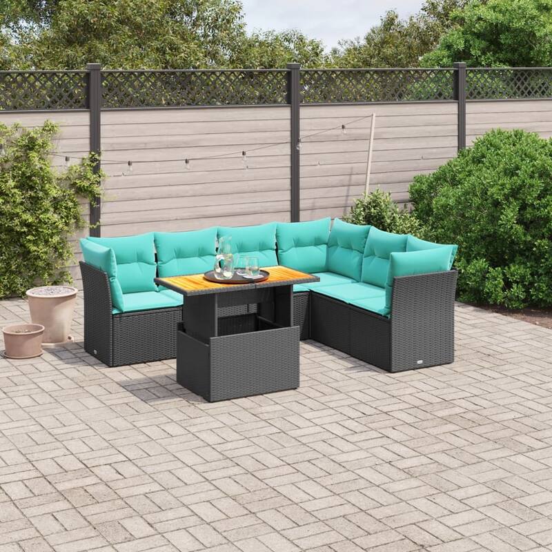 vidaXL 7 Piece Patio Sofa Set with Cushions Black Poly Rattan - 24.4 x 24.4 x 27.2 - Black-3x middle + 3x corner + table