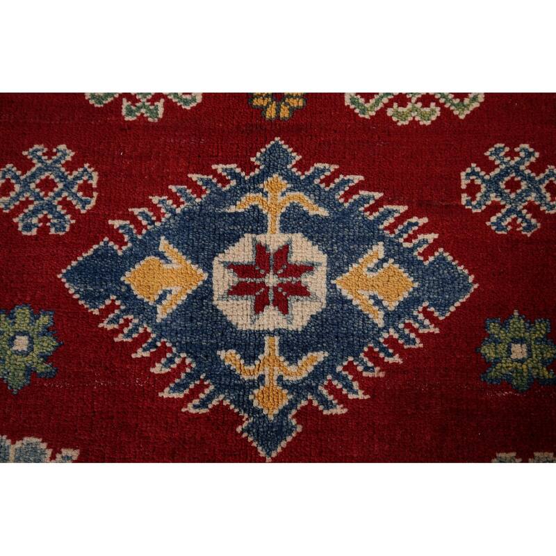 Oriental Kazak Area Rug Hand-Knotted Geometric Red Wool Carpet - 4'0" x 5'8"