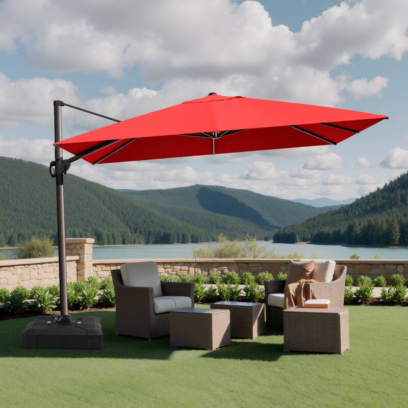 12 x 9 ft Outdoor Shade Parasol Patio Offset Cantilever Umbrella with Weights Base - Red
