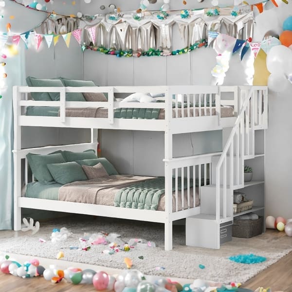 slide 2 of 16, Full-Over-Full Bunk Bed with Stairway, Storage and Guard Rail White