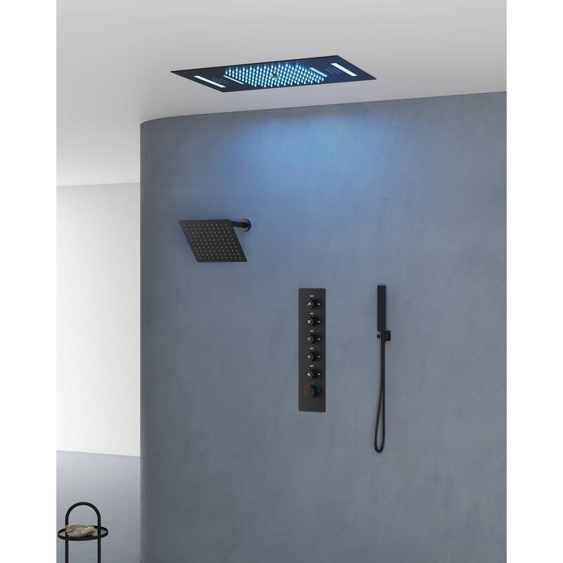 Dual Heads 20" Thermostatic Shower System, 64-Color LED Mood Lighting 3-Functions Shower Head with Bluetooth Music
