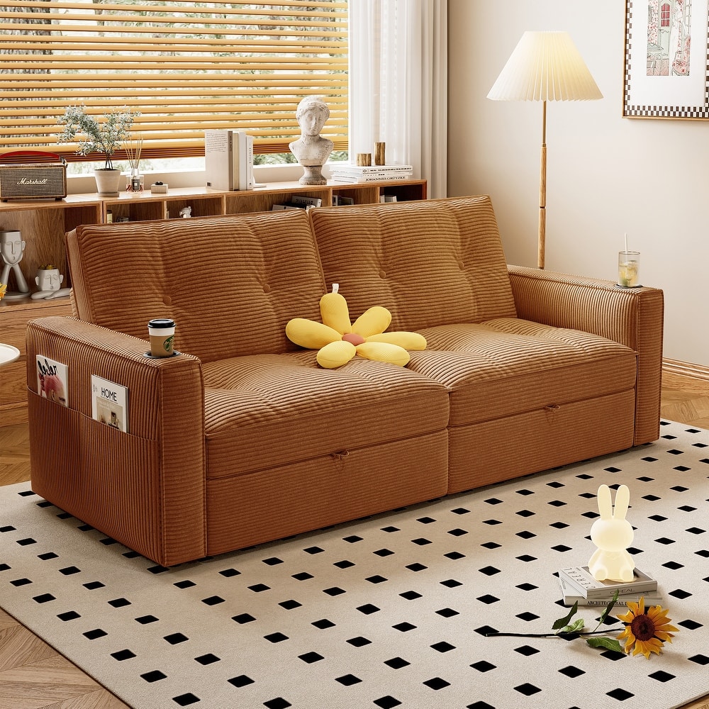 Multi-Functional Corduroy Loveseat Couch Convertible Sleeper Sofa Bed with Cup Holders and Side Pockets for Sitting, Sleeping