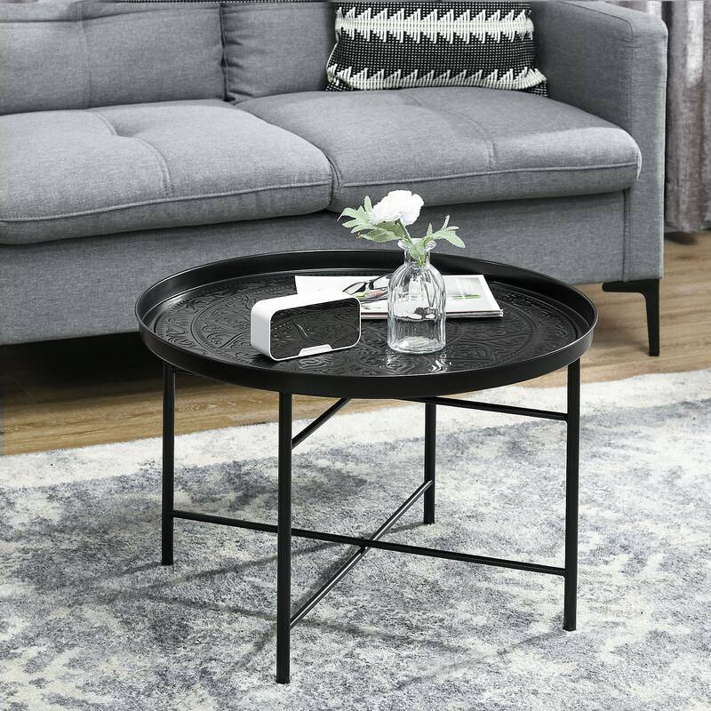HOMCOM 24" Round Coffee Table with Hammered Tray Top, Vintage Metal Center Table for Living Room, Bedroom, Side Table - Black