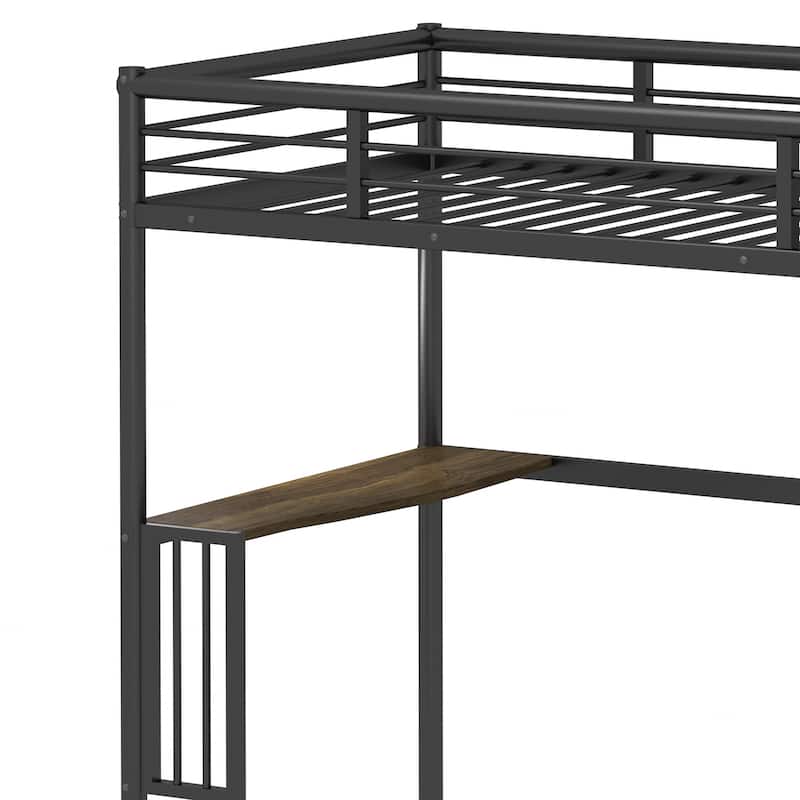 Black Twin Size Metal Loft Bed with Desk and Guardrails