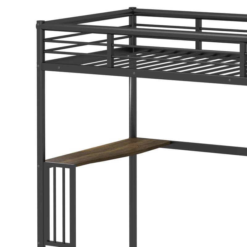 Twin Size Metal Loft Bed with Desk and Guardrails