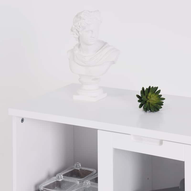 Wooden Floor Cabinet with 2 Glass Doors and 2 Storage Space,White ,Living Room Bathroom Entryway White