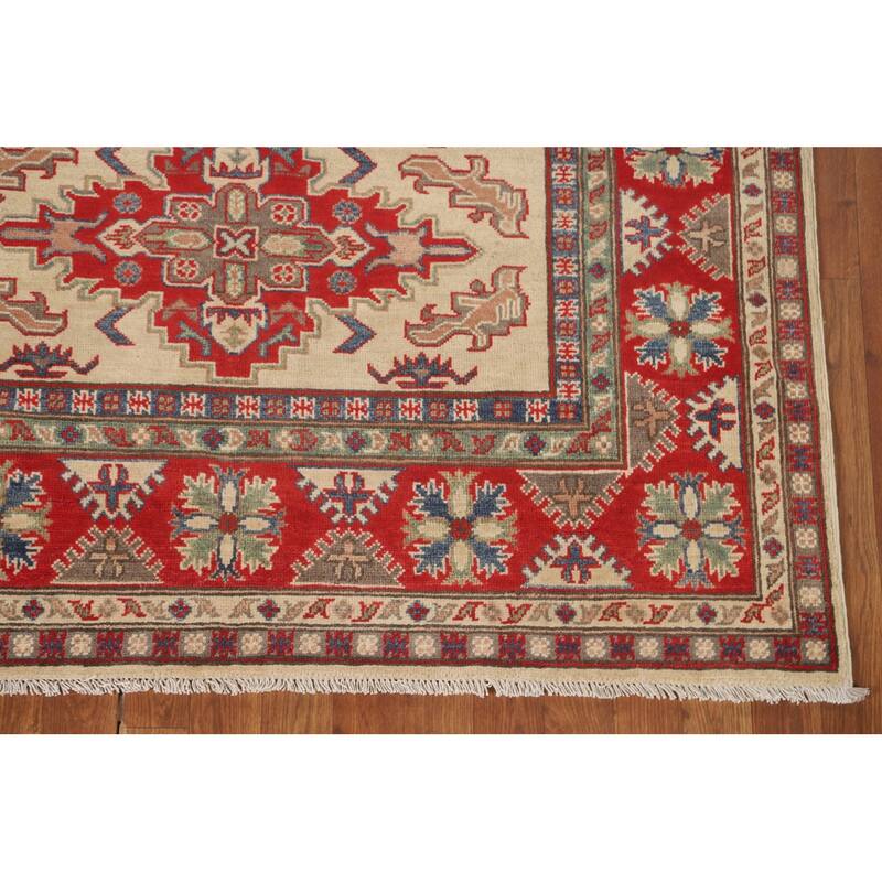 Geometric Kazak Area Rug Handmade Beige Wool Carpet - 4'10" x 6'6"