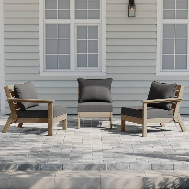 Birchwood All Weather HDPE Outdoor Patio Deep Seating Weathered Wood Sofa With Cushions (3-Piece)