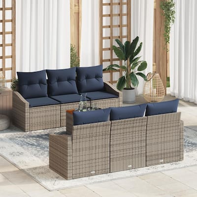 vidaXL 7 Garden Sofa Set with Cushions Black/Grey Poly Rattan - 70.1 x 24.4 x 27.2