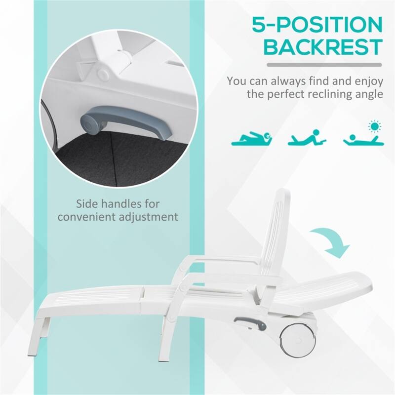 White Folding Sun Lounger with Adjustable Reclining Backrest Storage Box and Wheels - 78.75" L x 29.5" W x 16.25" H