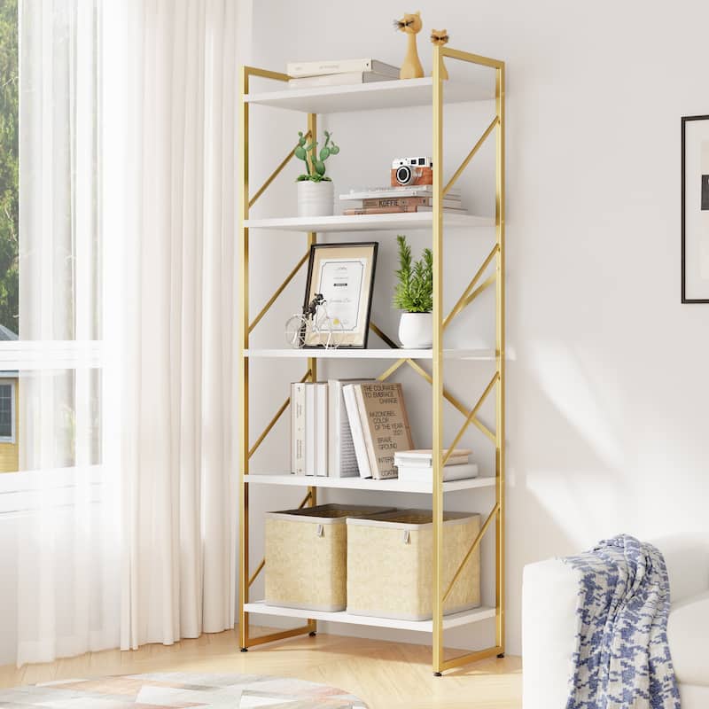 H-Shaped 5-Tier Storage Bookcase, 62.2" Tall Standing Bookshelf with Adjustable Feet - White/Gold
