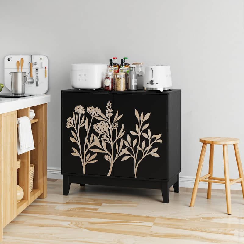31.5 Inch Carved Buffet Cabinet, Sideboard with 2 Doors and Adjustable Shelves, Wooden Decorative Cabinet with Storage Space