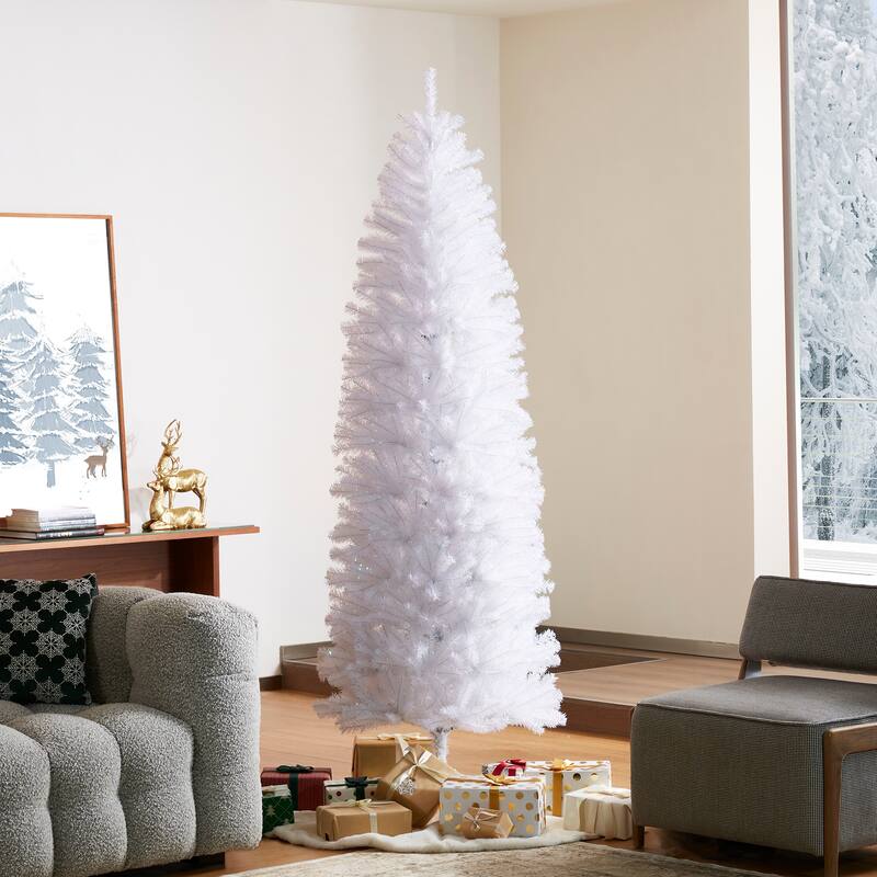 Glitzhome 7.5ft/9ft Shimmering Tinsel Pink Slim Pencil Fir Artificial Christmas Trees - 7.5ft White