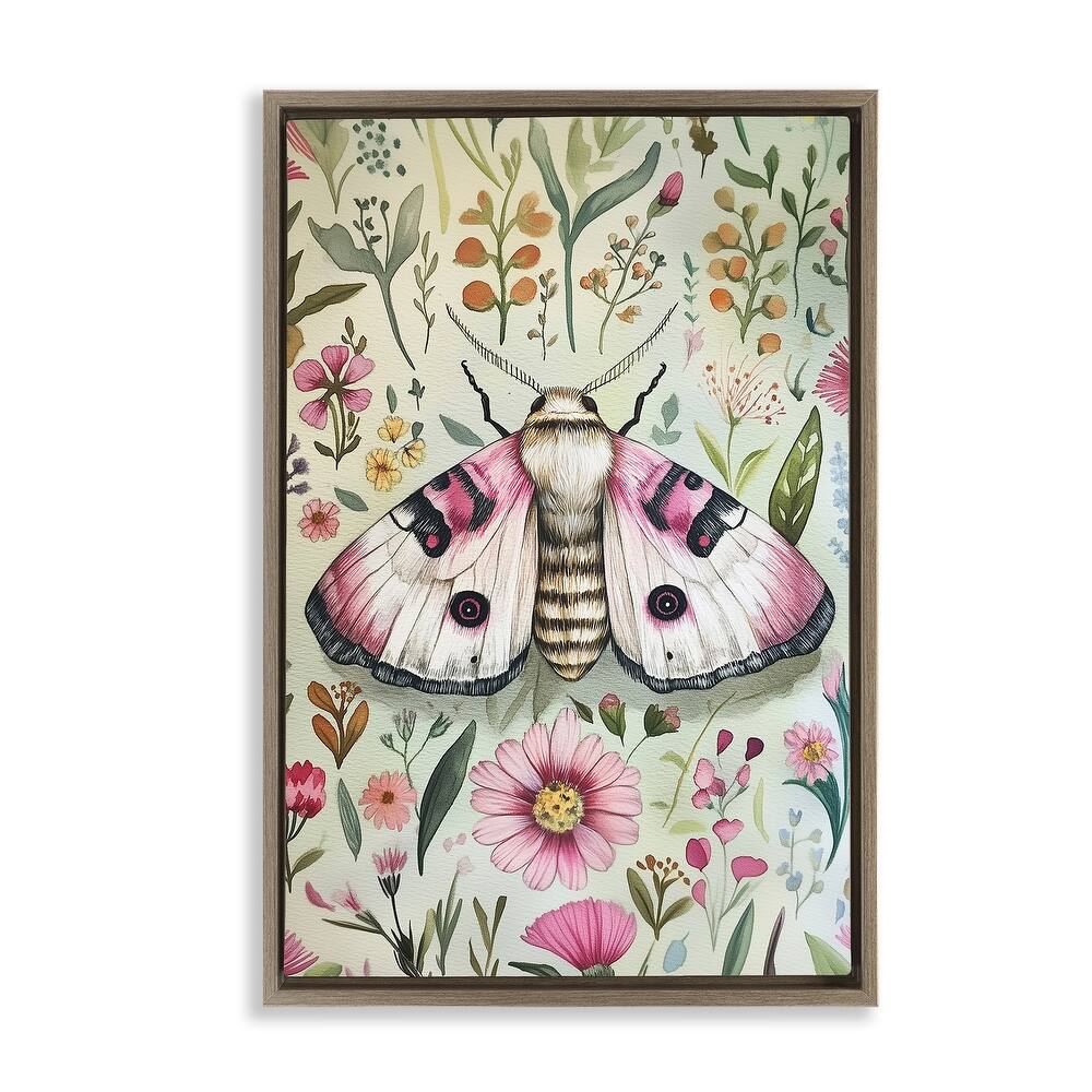 Stupell Moth over Floral Herbs Framed Floater Canvas Wall Art Design By The Dutch Lady