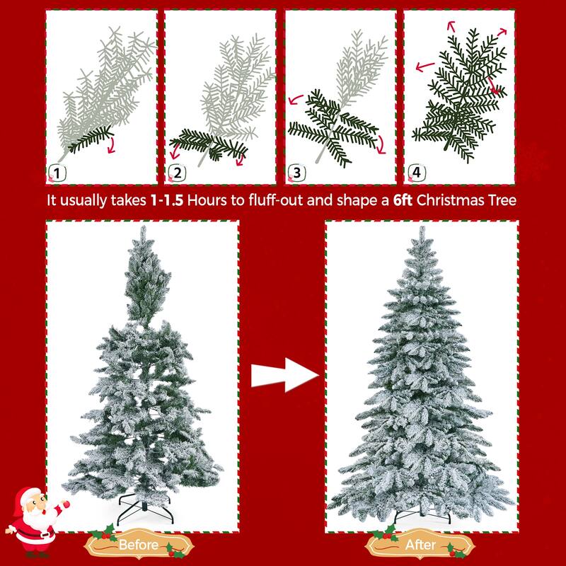 Yaheetech 6ft/7.5ft Pre-lit Snow Flocked Christmas Tree with 400 Warm LED Lights & 940 Tips, Green