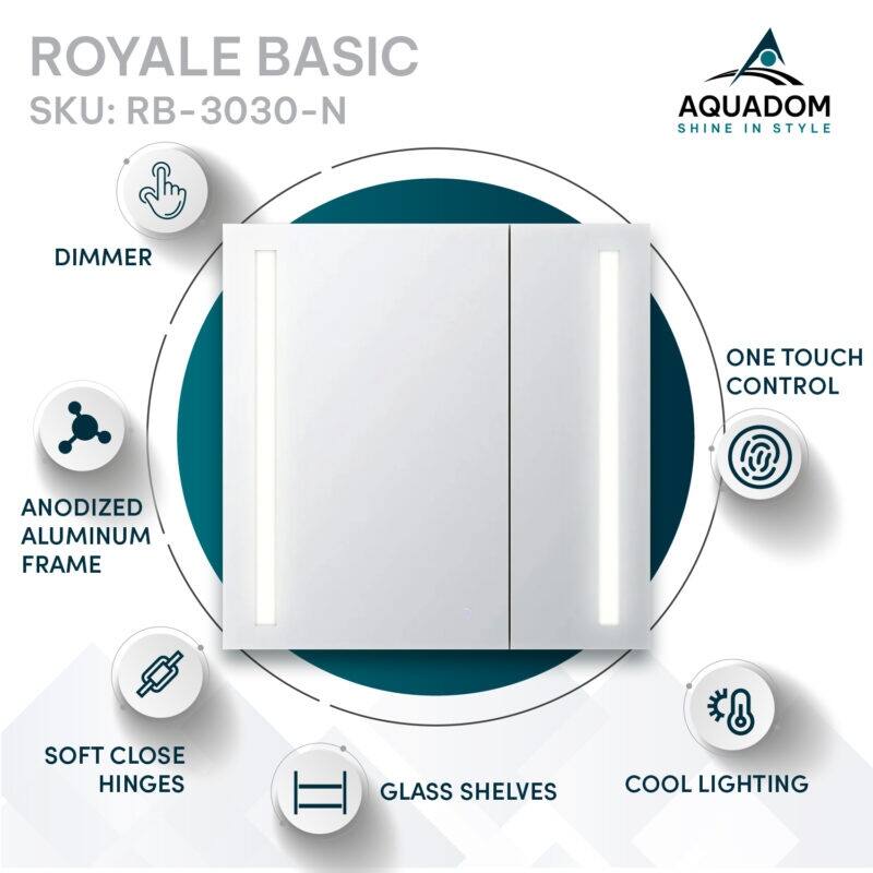 AQUADOM Royal Basic LED Medicine Cabinet, Defogger, 3X Vertically Adjustable Magnifying Mirror