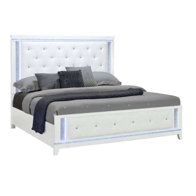 HomeRoots White Faux Crystal Bling Wood And Tufted Cotton Lighted King Bed Frame