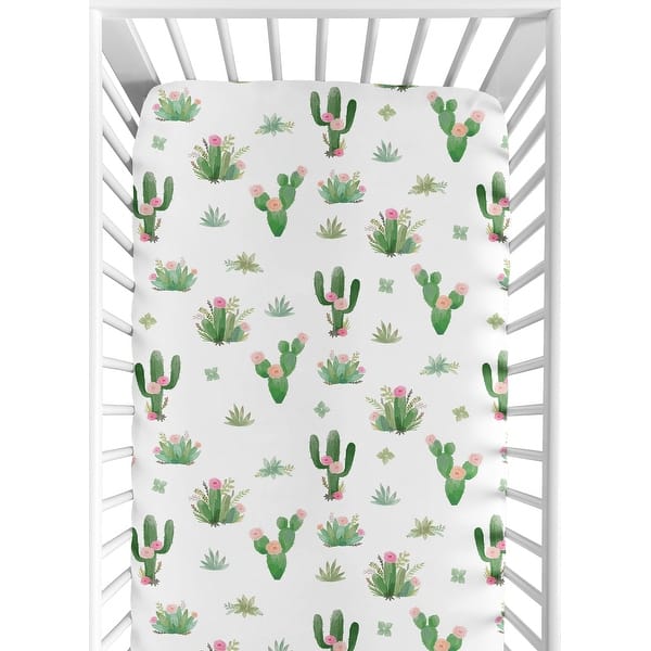 slide 2 of 6, Sweet Jojo Designs Pink Green Boho Watercolor Cactus Floral Collection Fitted Crib Sheet