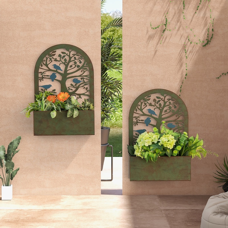 Gymax Set of 2 Decorative Raised Garden Bed Wall-mounted Metal Planter