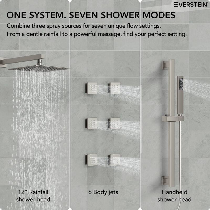 Thermostatic Shower System 12" High-Pressure Rainfall Shower Head with Slide Bar Hand Shower