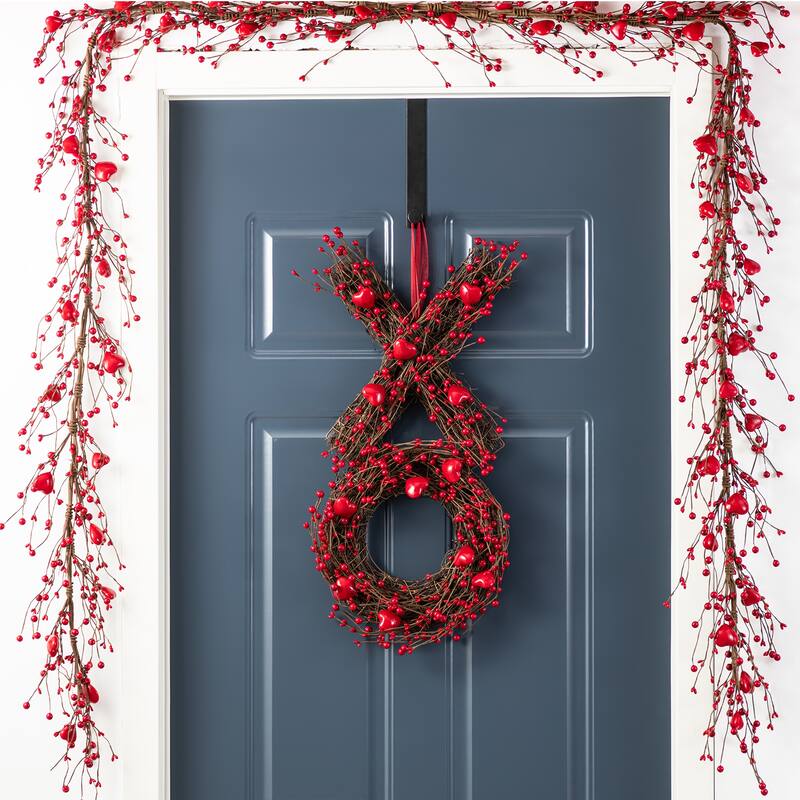 Glitzhome 24"H Valentine's XO Shaped Wreath Red Berry Garland - XO Wreath & Garland