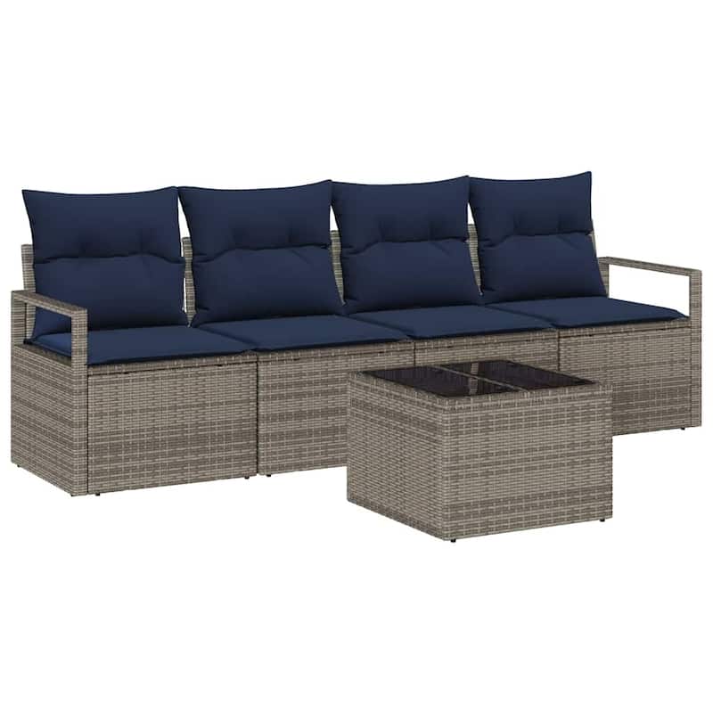 vidaXL 5 Garden Sofa Set with Cushions Black/Brown/Grey Poly Rattan - 68.9 x 24.4 x 27.2