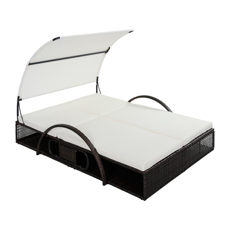 Outdoor Steel Frame Sun Lounger with Adjustable Backrest,Patio Double Sunbed with Hidden Side Table and Arched Armrests