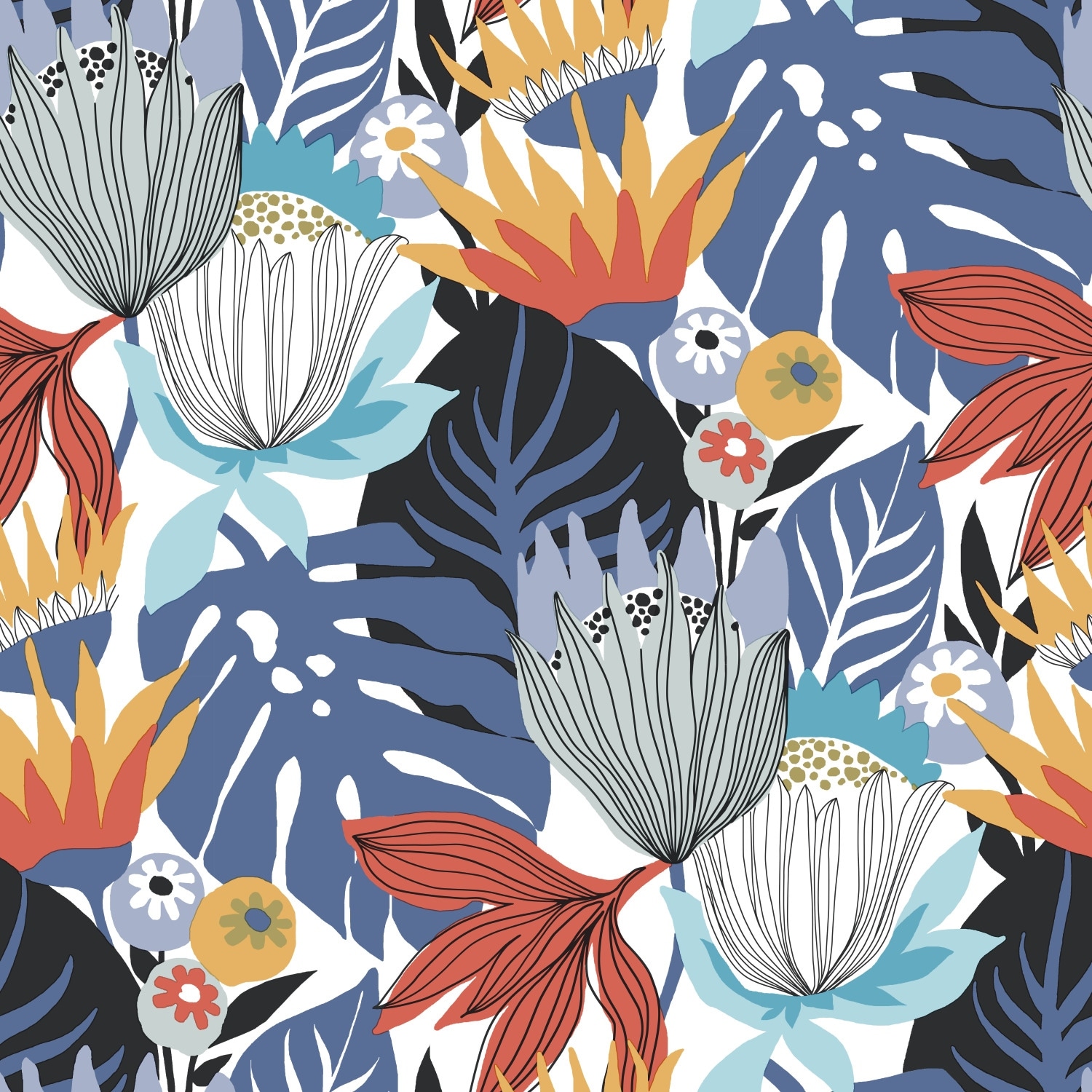 RoomMates Blue & Yellow Retro Tropical Leaves Peel and Stick Wallpaper
