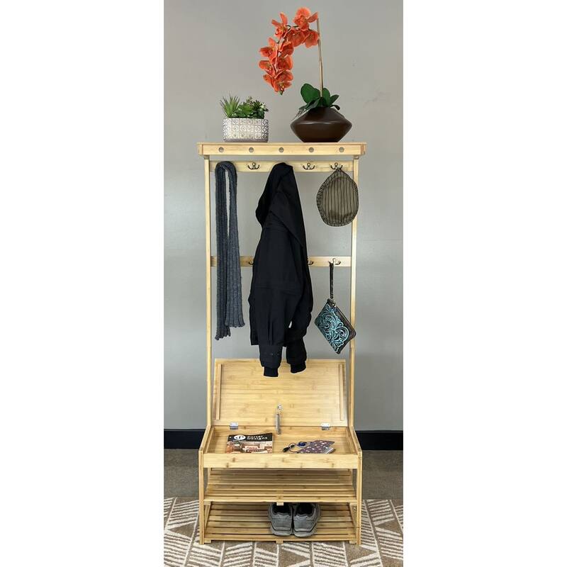 Bamboo Entryway Hall Tree with Storage Area