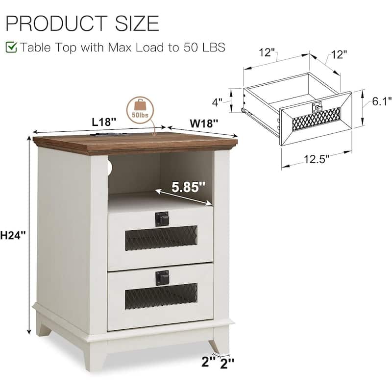 Farmhouse Nightstand Set of 2 with Charging Station, End Table