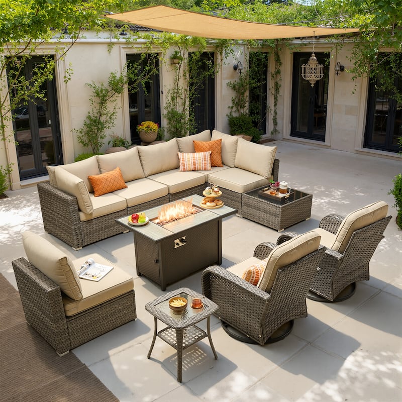 HOOOWOOO 11-piece Wicker Furniture Set Outdoor Sectional Sofa with Fire Pit - Beige