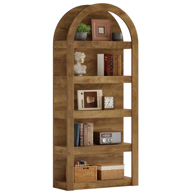 71" Tall Bookcase, 5-Tier Arched Bookshelf, Wooden Display Shelves for Living Room, Bedroom, Home Office