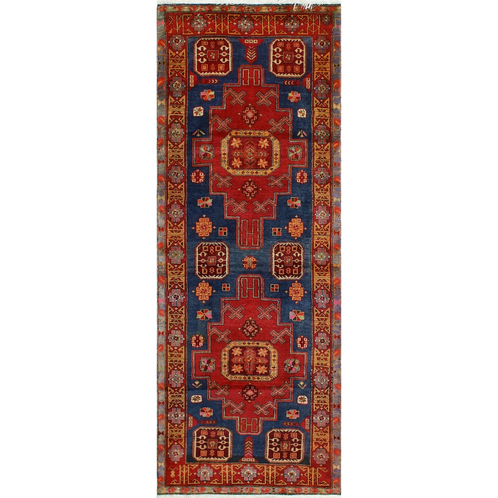 Fine Vintage Distressed Allred Navy/Red Runner - 3'7" x 9'10"