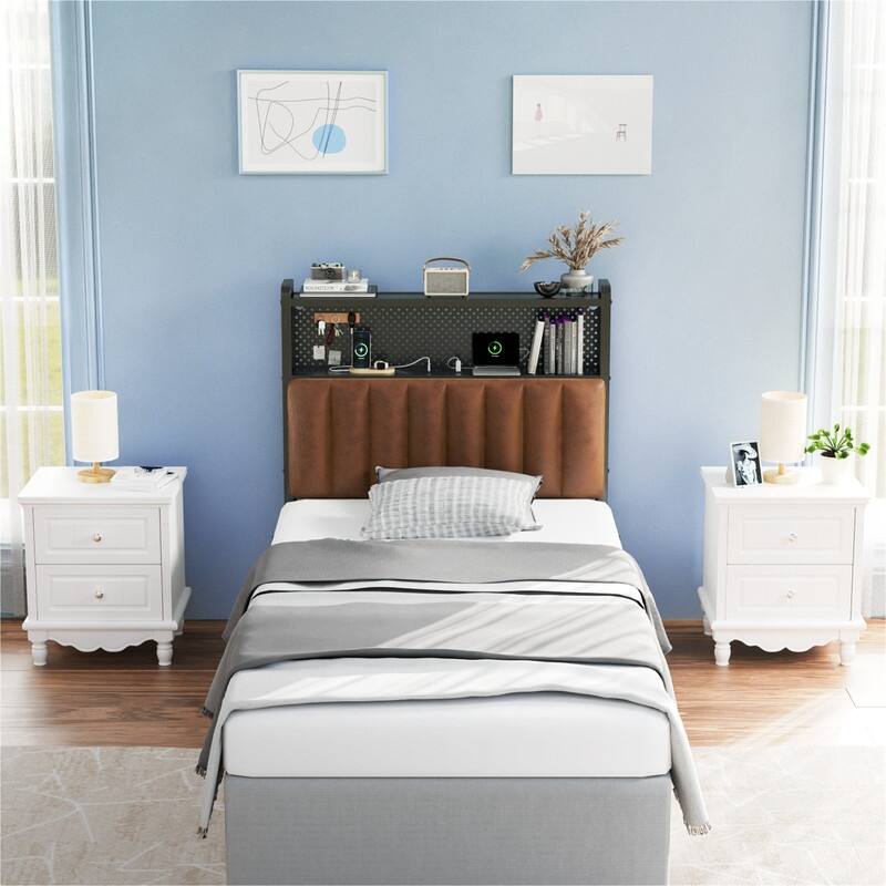 Adjustable Upholstered Headboard with 2 Tier Shelves with Charging Stations and LED Lights, Modern Bed Headboard with Storage