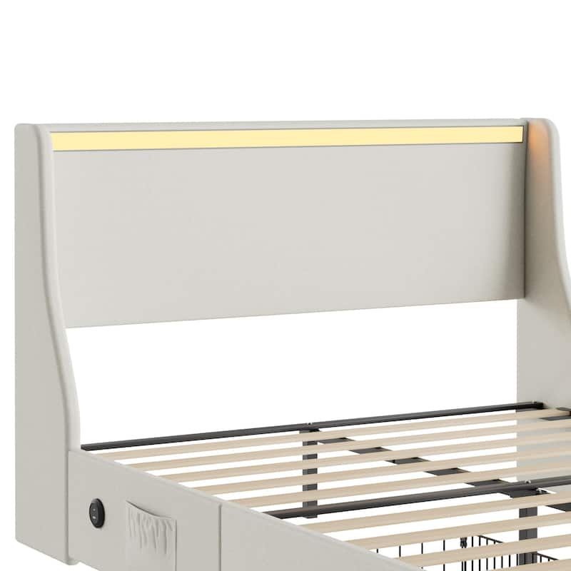 Upholstered LED Bed Frame with 2 Storage Drawers and Wingback Headboard Linen Fabric Platform Bed with Charing Station